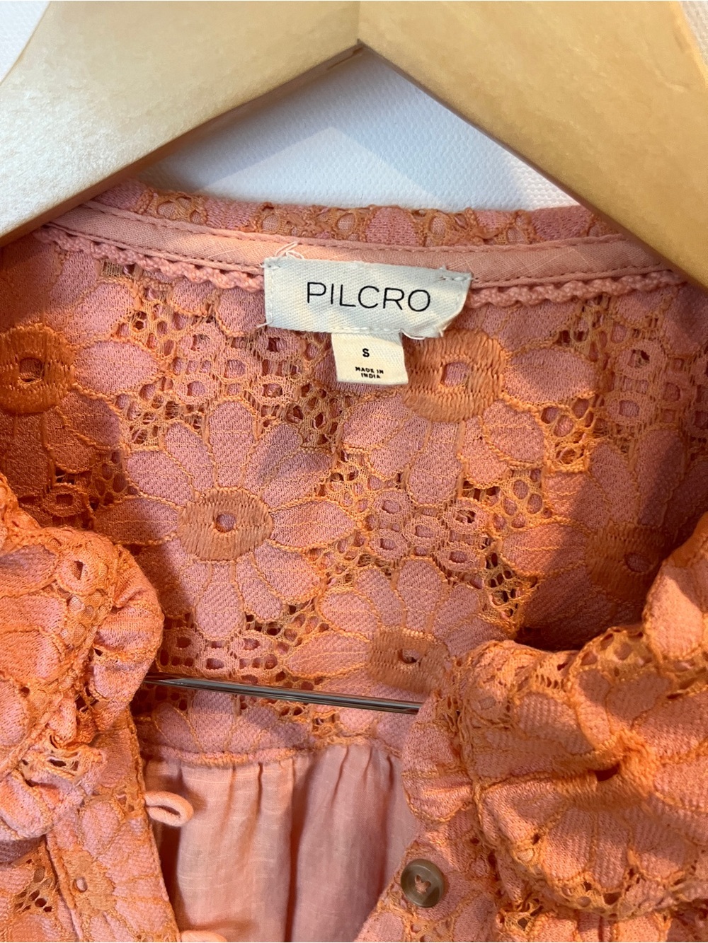 Anthropologie Pilcro Keira Coral Peach Lace Button-Up Dress S pockets collar